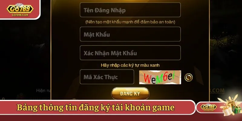Bảng thông tin đăng ký tài khoản game